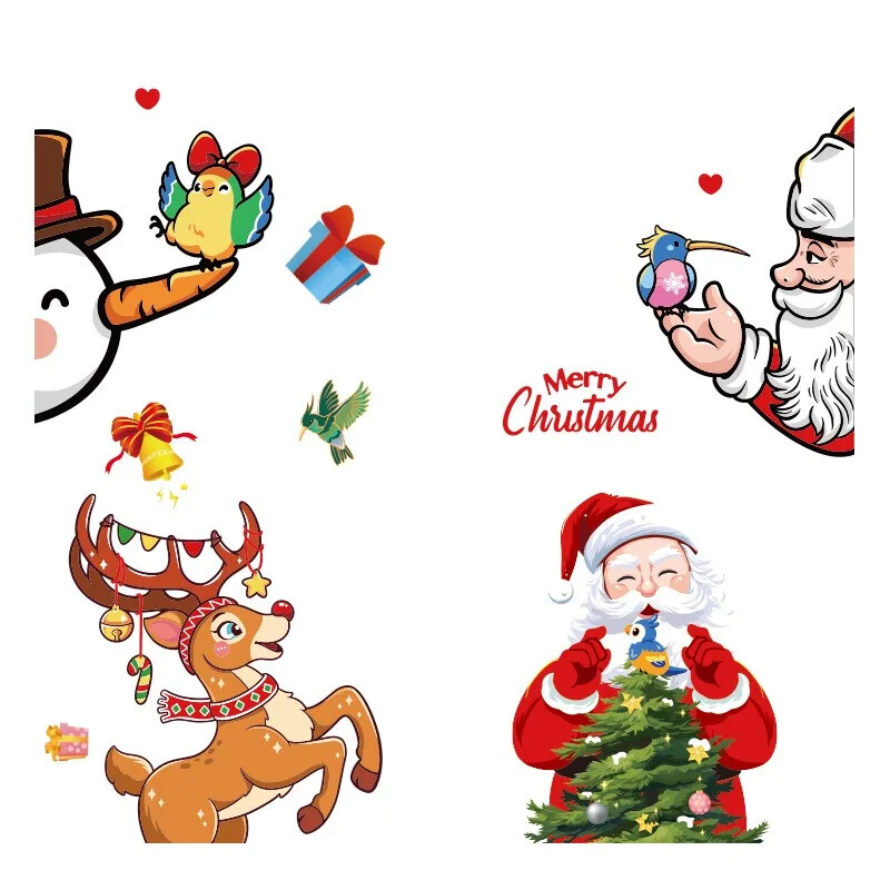 Vianočné nálepky na okná so Santa Clausom, vianočný stromček, kolibrík, sklenené nálepky na stenu, sob, snehuliak, biely sneh, dvere, statické nálepky.