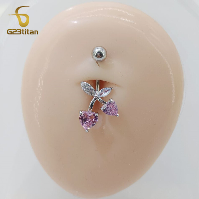 G23titan 14G kirurški prsten za pupak od titanijskog čelika, ružičasti cirkon, srce, voće, trešnja, pupak, djevojka, ženski nakit za piercing