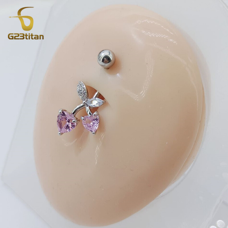 G23titan 14G kirurški prsten za pupak od titanijskog čelika, ružičasti cirkon, srce, voće, trešnja, pupak, djevojka, ženski nakit za piercing