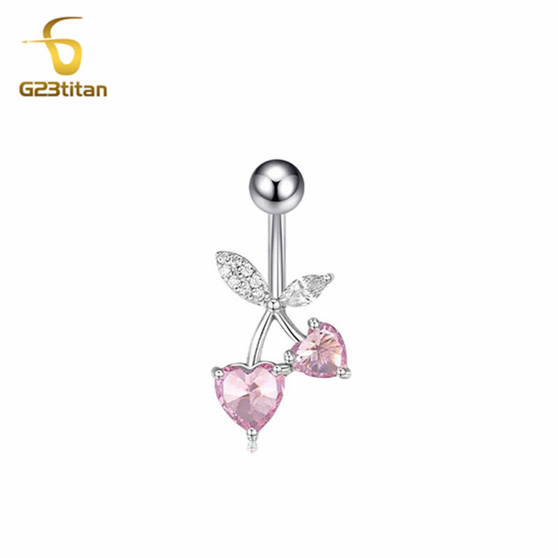 G23titan 14G kirurški prsten za pupak od titanijskog čelika, ružičasti cirkon, srce, voće, trešnja, pupak, djevojka, ženski nakit za piercing