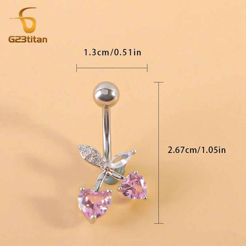 G23titan 14G kirurški prsten za pupak od titanijskog čelika, ružičasti cirkon, srce, voće, trešnja, pupak, djevojka, ženski nakit za piercing