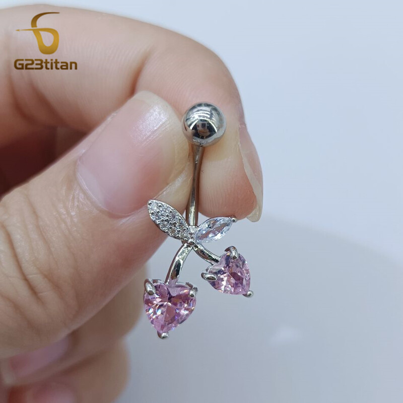 G23titan 14G kirurški prsten za pupak od titanijskog čelika, ružičasti cirkon, srce, voće, trešnja, pupak, djevojka, ženski nakit za piercing