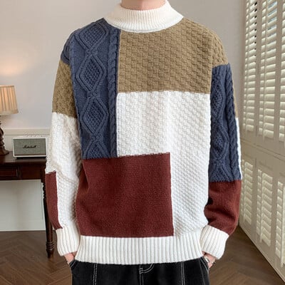 Streetwear Fashion Ανδρικά μπλουζάκια πλεξίματος πουλόβερ 2024 Φθινόπωρο Χειμώνας Κομψό πλεκτό συνονθύλευμα ανδρικό πουλόβερ Vintage με αντίθεση