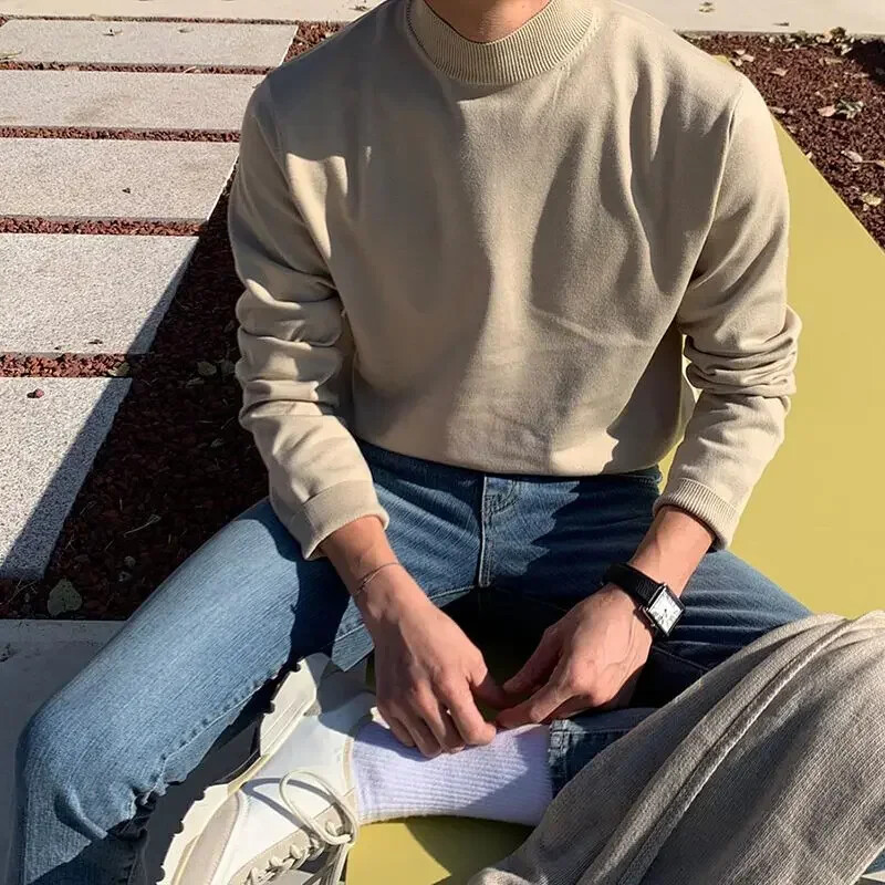 ASpulóver Utumn Winter fél garbós pulóver férfi hosszú ujjú koreai egyszínű kötött pulóver alsónemű ing