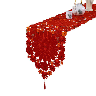 Hímzett Asztali Zászló Luxus Mikulásvirág Holly Asztalfutó kávézóasztalhoz Karácsonyi alátét dekorációk Csipke terítő