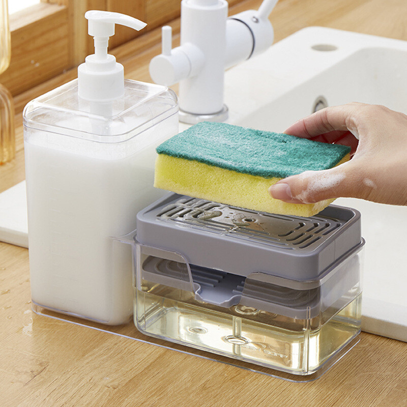 2 viename virtuvės muilo dozatorius su kempinės laikikliu Skysto muilo siurblio dozatorius Valymo skysčio talpyklos virtuvės priedai