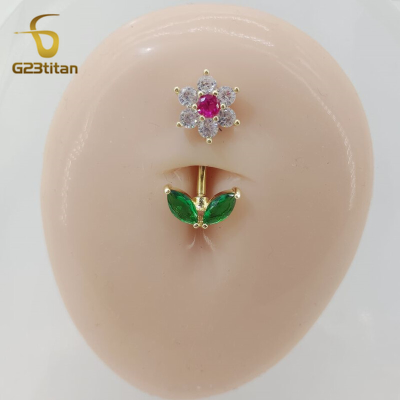 G23titan 14G Zircon Flower Barbell Δαχτυλίδι με κοιλιά Γυναικείο σώμα Σέξι αφαλό Piercing Αντιαλλεργικά κοσμήματα αξεσουάρ Ombligo