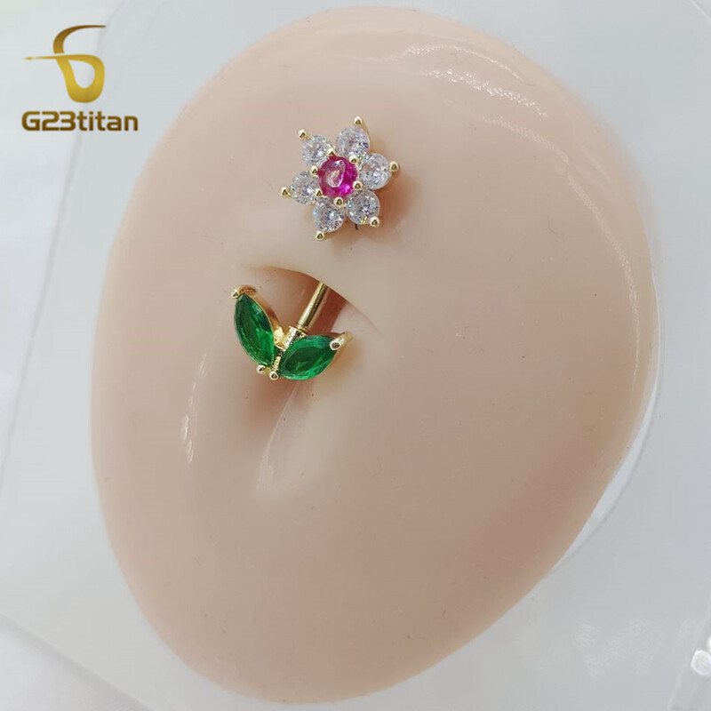 G23titan 14G Zircon Flower Barbell Δαχτυλίδι με κοιλιά Γυναικείο σώμα Σέξι αφαλό Piercing Αντιαλλεργικά κοσμήματα αξεσουάρ Ombligo