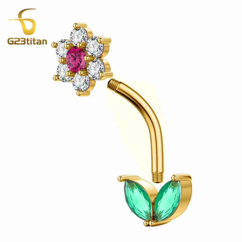 G23titan 14G Zircon Flower Barbell Δαχτυλίδι με κοιλιά Γυναικείο σώμα Σέξι αφαλό Piercing Αντιαλλεργικά κοσμήματα αξεσουάρ Ombligo