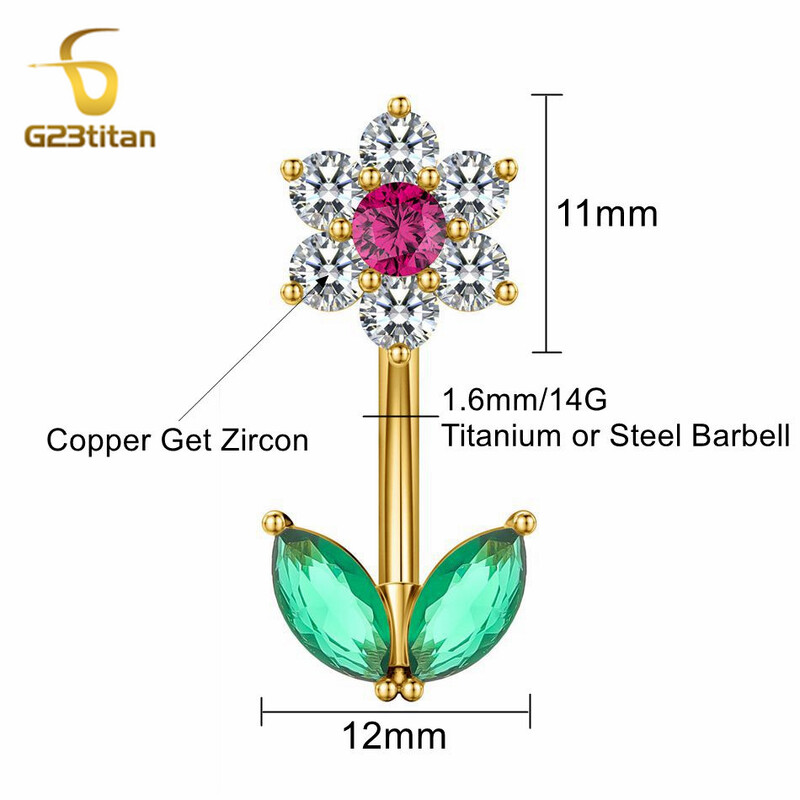 G23titan 14G Zircon Flower Barbell Δαχτυλίδι με κοιλιά Γυναικείο σώμα Σέξι αφαλό Piercing Αντιαλλεργικά κοσμήματα αξεσουάρ Ombligo