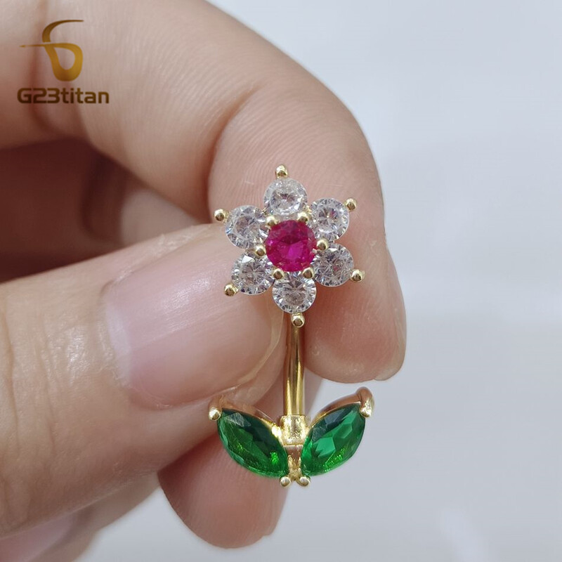 G23titan 14G Zircon Flower Barbell Δαχτυλίδι με κοιλιά Γυναικείο σώμα Σέξι αφαλό Piercing Αντιαλλεργικά κοσμήματα αξεσουάρ Ombligo