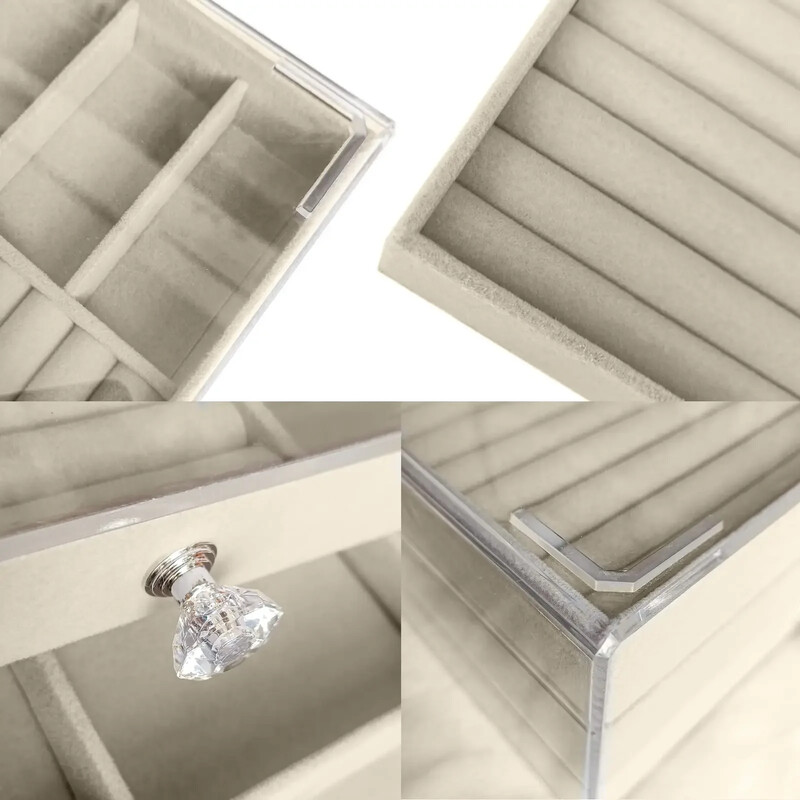 Organizator de bijuterii din catifea acrilică cu 3 sertare, afișaj stivuitor, depozitare cercei, colier, brățări, cutie, cutie, pentru femei