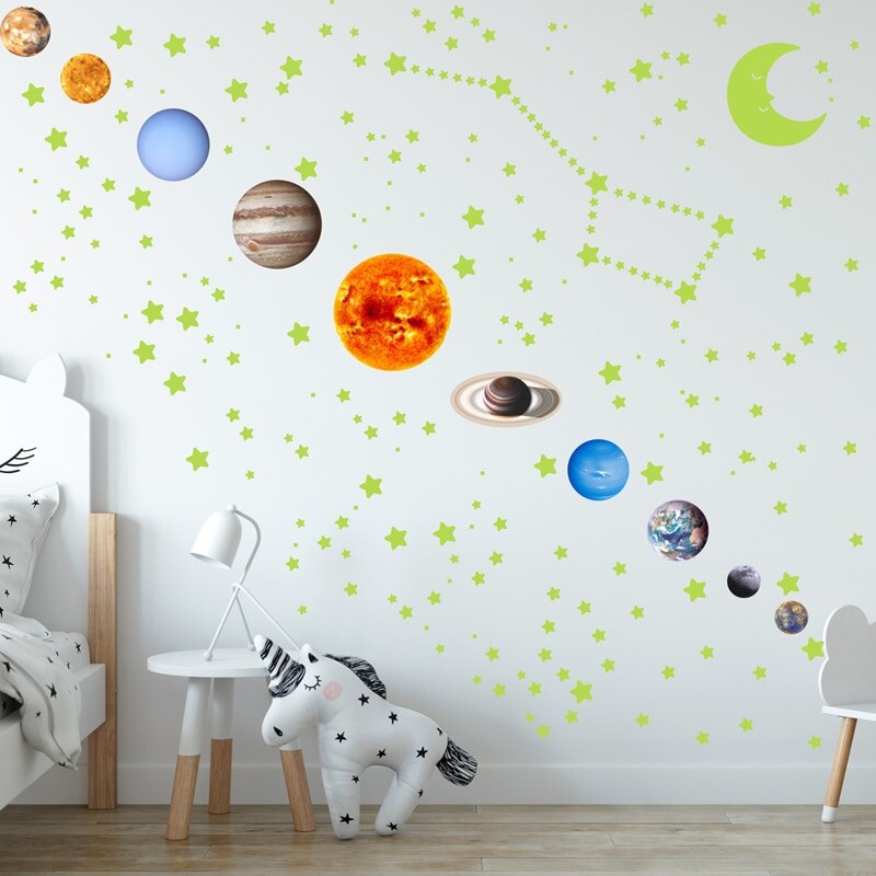 525 ks v krabici balených svetelných nálepiek na stenu s deviatimi planétami pre deti, spálňu, obývačku, svietiacu v tme, DIY, párty, domácu dekoráciu