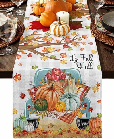 Rudens Pateicības dienas ķirbju veļa galda skrējējs rudens kļavas lapu kravas automašīnas galda skrējējs kumode šalle virtuves ballīte pusdienu galda dekors