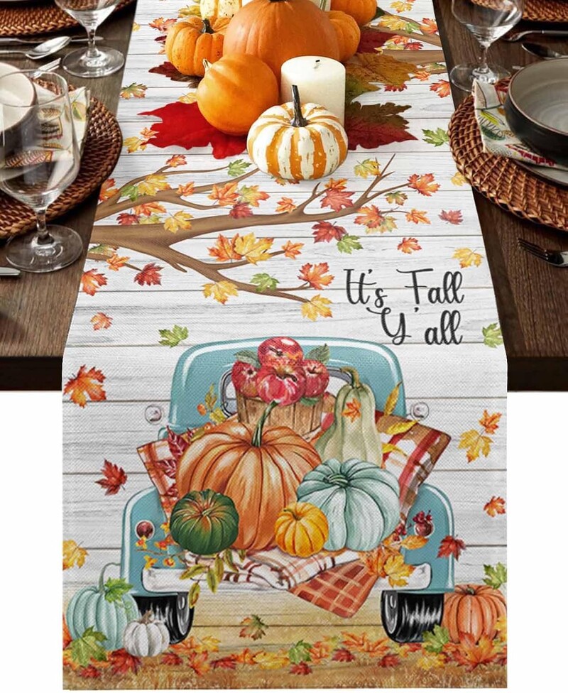 Rudens Pateicības dienas ķirbju veļa galda skrējējs rudens kļavas lapu kravas automašīnas galda skrējējs kumode šalle virtuves ballīte pusdienu galda dekors