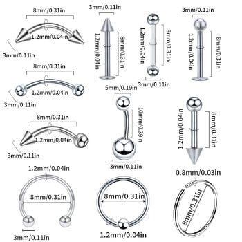 85PCS Партида бижута за пиърсинг от хирургическа стомана Партида за пръстени за нос Партида за език, Партида за пиърсинг на вежди, Комплект за пиърсинг на устната кухина Подкова, Партида за пръстени