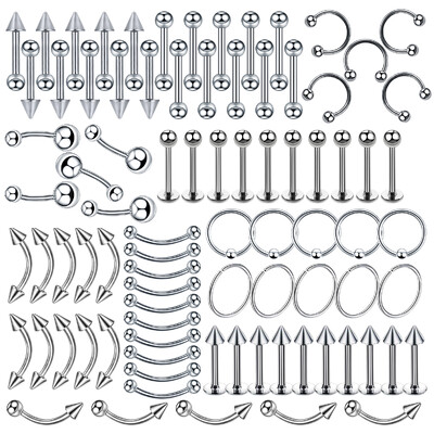 85 DB sebészeti acél testpiercing ékszer tétel tömeges orrgyűrű nyelvrúd tétel szemöldök labret piercing szett patkó gyűrű tétel csomag