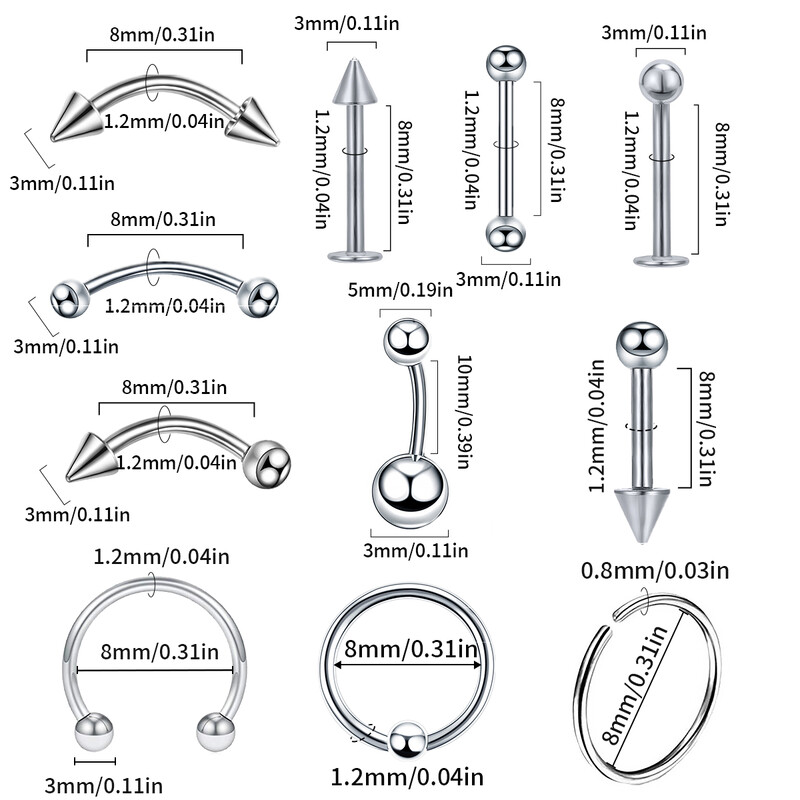 85 ΤΕΜ Χειρουργικά κοσμήματα για τρύπημα από ατσάλι Χειρουργική παρτίδα Μύτη δαχτυλίδι δαχτυλίδι γλώσσας παρτίδα σετ φρυδιών Labret σετ τρυπήματος πέταλο δαχτυλίδι Πακέτο παρτίδας