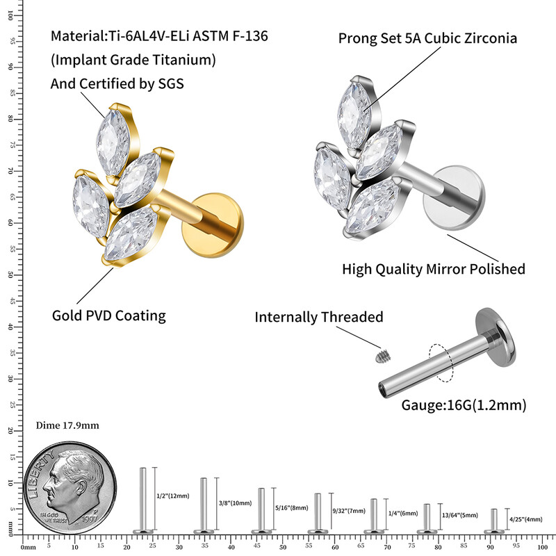 Jobb Grand ASTM F136 Titanium 16G Marquise CZ levél alakú porc spirál kagyló lebeny füllyukasztás lapos hátsó fülbevaló