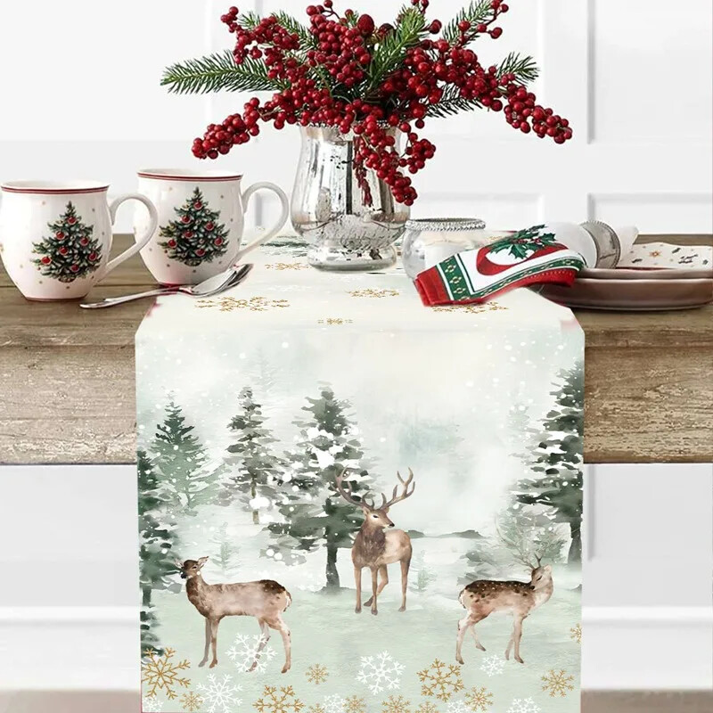Akvarell szarvas hóember karácsonyi asztali futó, karácsonyi asztaldíszek otthonra 2024 karácsonyi asztali zászló Navidad Noel ajándékok