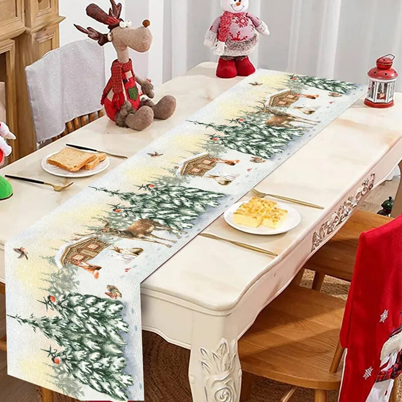 Akvarell szarvas hóember karácsonyi asztali futó, karácsonyi asztaldíszek otthonra 2024 karácsonyi asztali zászló Navidad Noel ajándékok