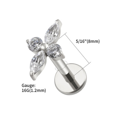 Piercing do tragusu s štvorcípou hviezdou a plochým chrbtom, pravý veľký ASTM F136 titánový CZ náušnica.
