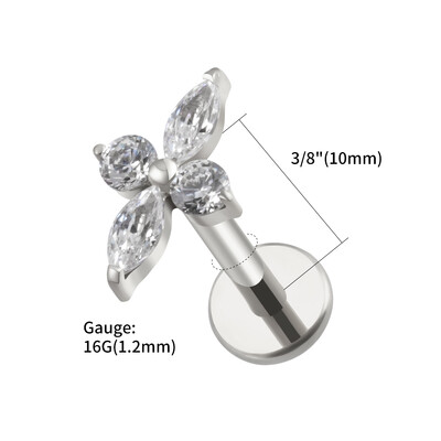 Piercing do tragusu s štvorcípou hviezdou a plochým chrbtom, pravý veľký ASTM F136 titánový CZ náušnica.