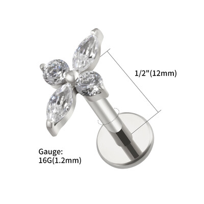 Piercing do tragusu s štvorcípou hviezdou a plochým chrbtom, pravý veľký ASTM F136 titánový CZ náušnica.