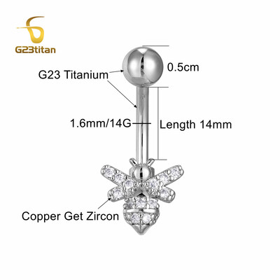 14G 8-14mm hosszúságú titán súlyzó hasgomb gyűrű ezüst színű cirkon méh köldök fülbevaló női piercing divat testékszer