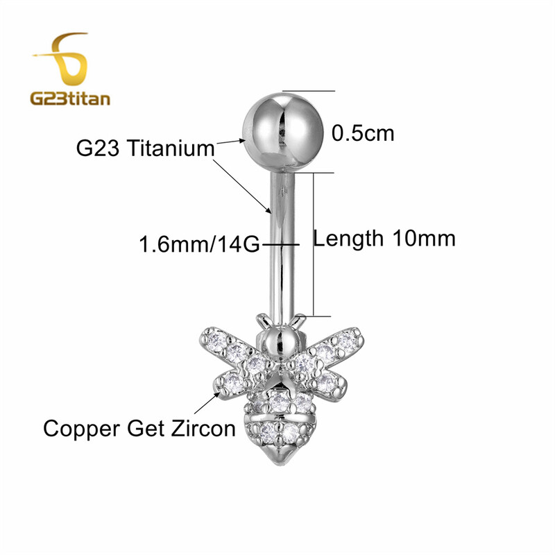 14G 8-14mm hosszúságú titán súlyzó hasgomb gyűrű ezüst színű cirkon méh köldök fülbevaló női piercing divat testékszer