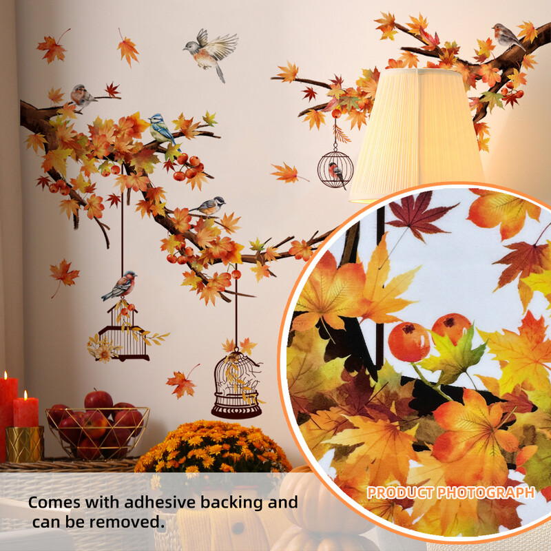Autocolant de perete cu frunze de arțar pentru cușcă de păsări Camera de zi Dormitor în stil chinezesc Tapet Decor pentru camere pentru copii Autocolante de perete cu păsări