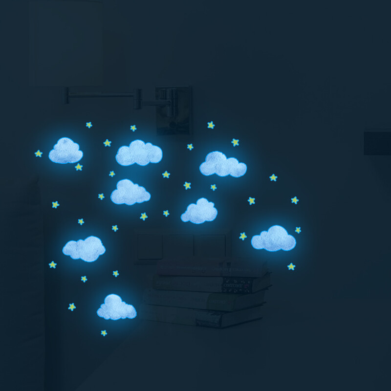 Oblaci Zvijezde Sjajne Plave Zidne Naljepnice za Dječju Djevojčicu Spavaću Sobu Kućni Dekor Sjaj u mraku Naljepnica s prekidačem za fluorescentno svjetlo