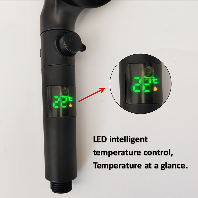 Temperatură Afișaj digital Cap de duș Negru 3 moduri Duză de pulverizare de înaltă presiune Duș sub presiune Ploaie Accesorii pentru baie