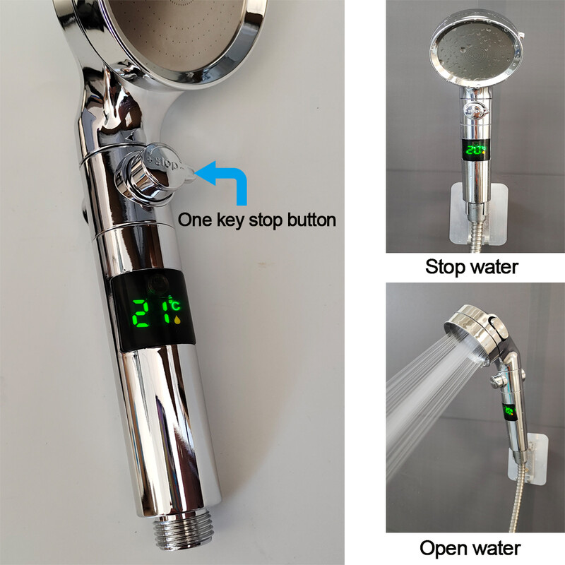 Temperatură Afișaj digital Cap de duș Negru 3 moduri Duză de pulverizare de înaltă presiune Duș sub presiune Ploaie Accesorii pentru baie