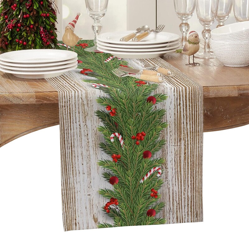 Aleer de masă din poliester cu ghirlande de Crăciun de 35 cm * 180 cm, Aleer de masă cu fructe de pădure de la fermă de Crăciun pentru decorarea mesei de comodă