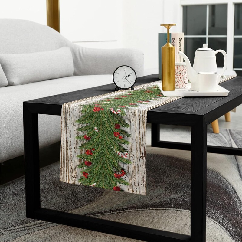 Aleer de masă din poliester cu ghirlande de Crăciun de 35 cm * 180 cm, Aleer de masă cu fructe de pădure de la fermă de Crăciun pentru decorarea mesei de comodă