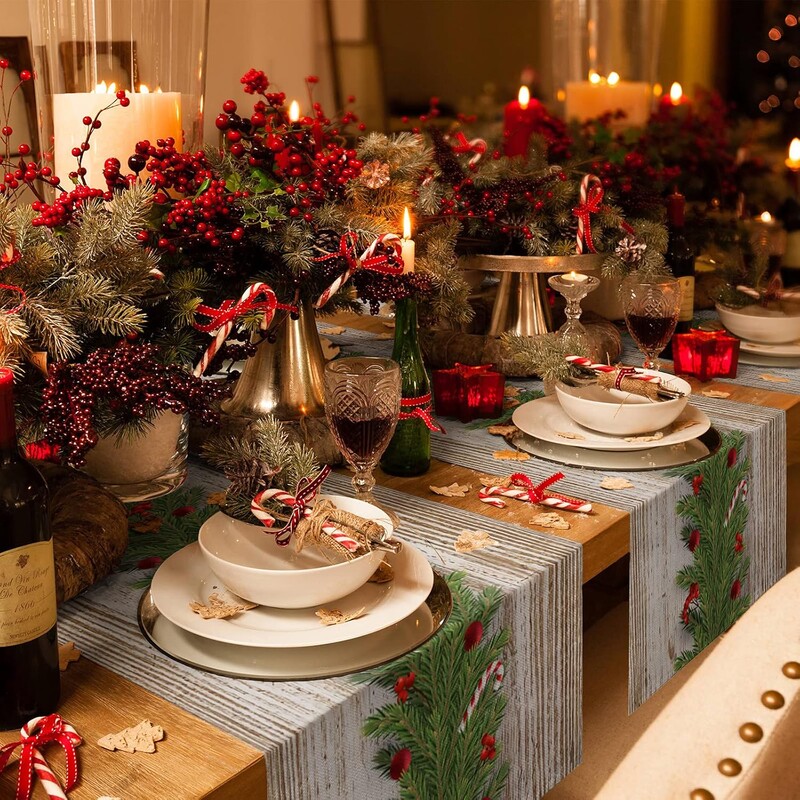 Aleer de masă din poliester cu ghirlande de Crăciun de 35 cm * 180 cm, Aleer de masă cu fructe de pădure de la fermă de Crăciun pentru decorarea mesei de comodă