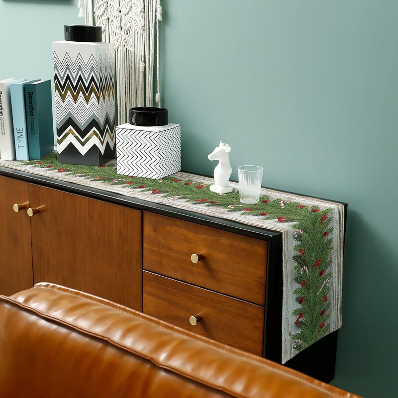 Aleer de masă din poliester cu ghirlande de Crăciun de 35 cm * 180 cm, Aleer de masă cu fructe de pădure de la fermă de Crăciun pentru decorarea mesei de comodă