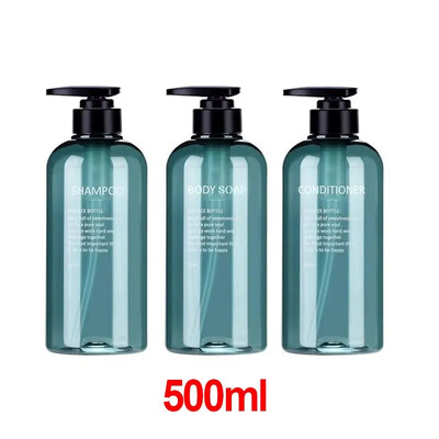 Dávkovač mydla, doplniteľný, prázdna fľaša, cestovná ručná pumpička, šampón, mlieko, sprchový gél, nádoba 3 ks 500 ml, kúpeľňové doplnky