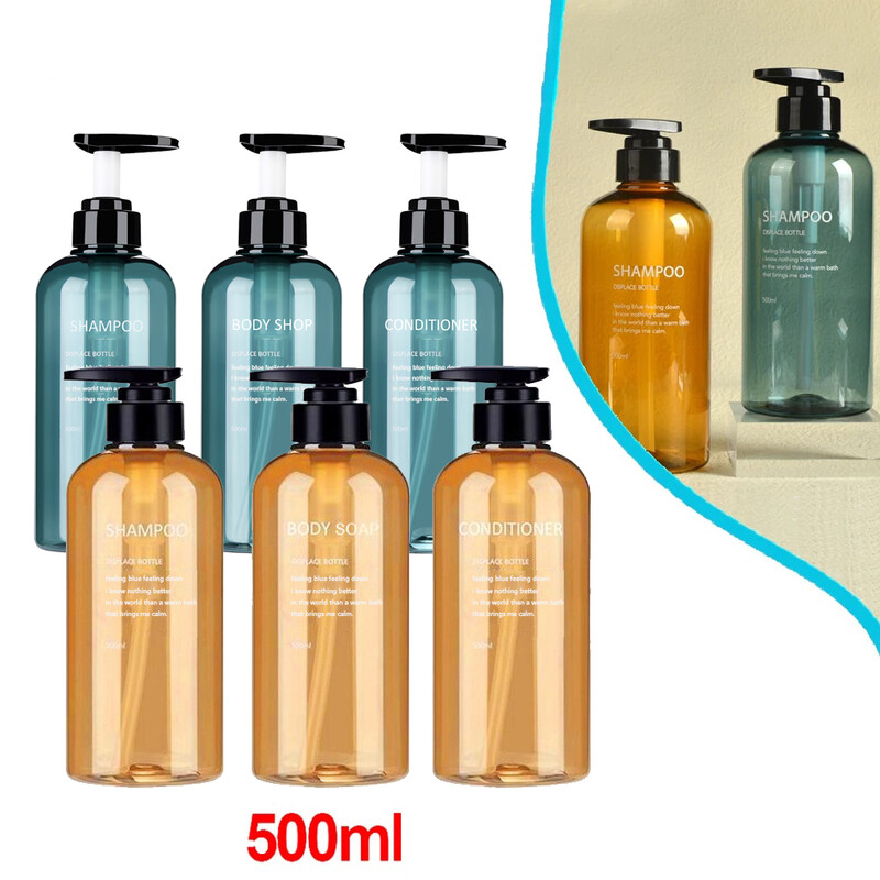 Dávkovač mydla, doplniteľný, prázdna fľaša, cestovná ručná pumpička, šampón, mlieko, sprchový gél, nádoba 3 ks 500 ml, kúpeľňové doplnky
