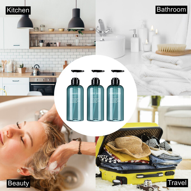 Dávkovač mydla, doplniteľný, prázdna fľaša, cestovná ručná pumpička, šampón, mlieko, sprchový gél, nádoba 3 ks 500 ml, kúpeľňové doplnky