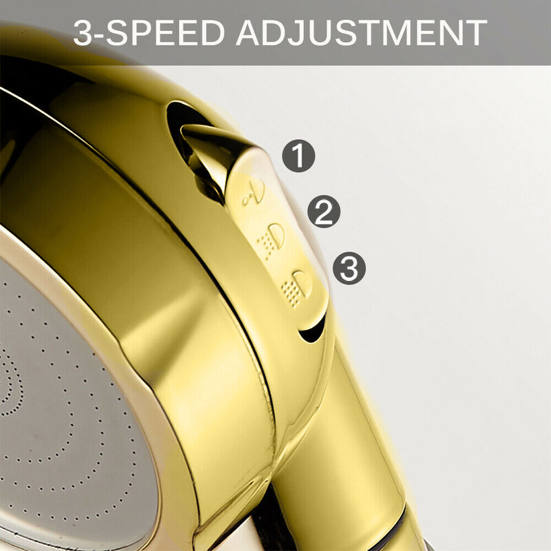 Kolm ühes kõrgsurve dušipea käeshoitav ON/OFF Pause Switc Gold 360 kraadi pöörleva 3 kiirusega reguleeritava dušipeaga