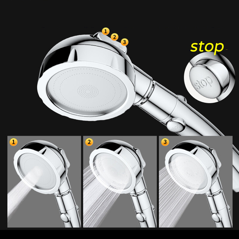 Kolm ühes kõrgsurve dušipea käeshoitav ON/OFF Pause Switc Gold 360 kraadi pöörleva 3 kiirusega reguleeritava dušipeaga