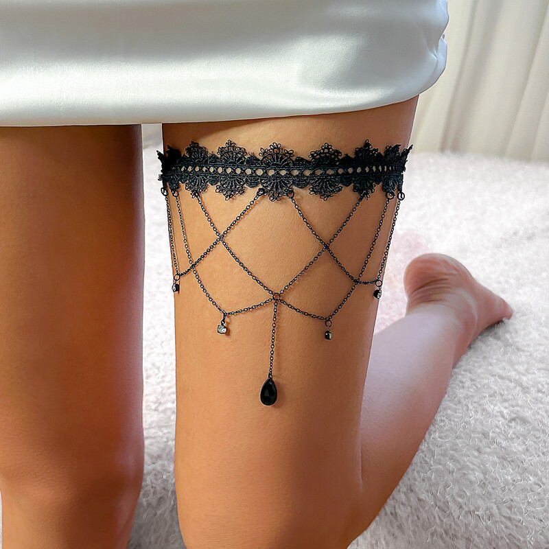 IngeSight Z Gothic Black Lace Elastic Band Stehenná retiazka Trendová sieťovaná kovová retiazka na nohu Dámske letné plážové telové šperky