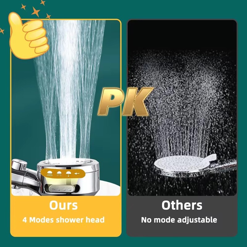 Aukšto slėgio dušo galvutė, vandens taupymas, 4 režimai, reguliuojamo slėgio SPA rankinio purškimo temperatūros ekranas Vonios kambario priedai