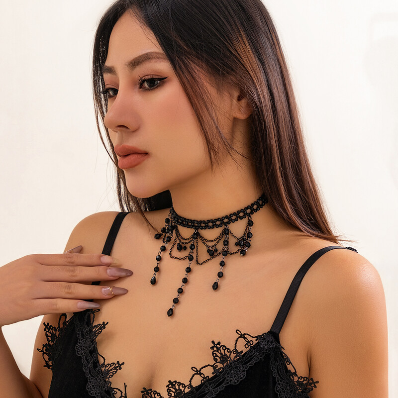 Lacteo Gothic Crystal Bojt Choker fekete gyöngyök kézzel készített szál nyaklánc többrétegű bájos nyaklánc női lányoknak ékszerek új