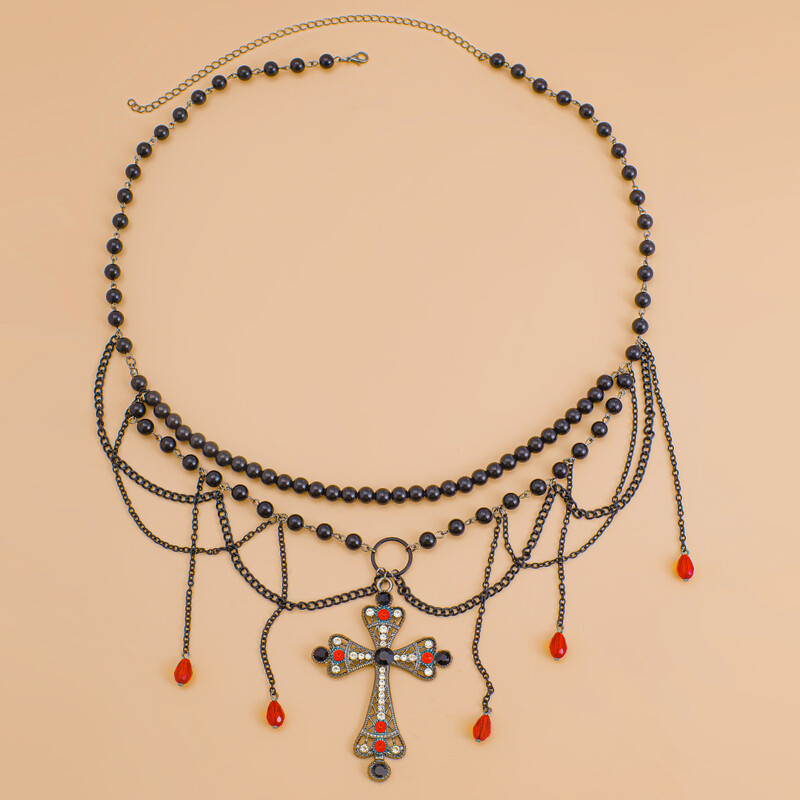 KunJoe, centură gotică cu ciucuri multistrat, cu pandantiv în cruce, lanț de talie pentru femei, centură de fustă retro, accesorii Y2K, bijuterii pentru corp de Halloween