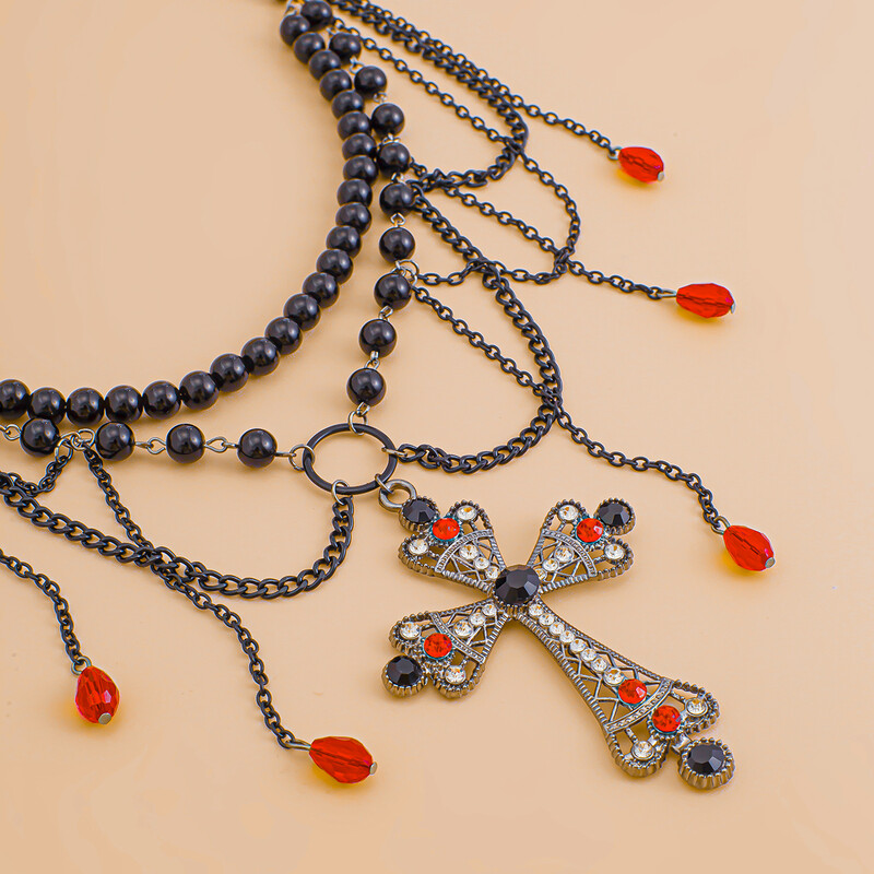 KunJoe, centură gotică cu ciucuri multistrat, cu pandantiv în cruce, lanț de talie pentru femei, centură de fustă retro, accesorii Y2K, bijuterii pentru corp de Halloween