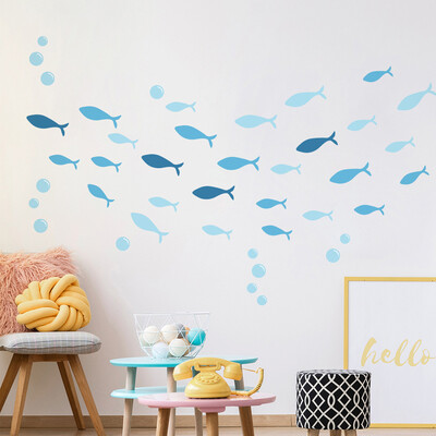 42 бр./компл. Blue Fish Vinyl Sticker for Baby Kids Room Cartoon Bathroom DIY Stickers Ocean Fish Scene Nursery Decoration Art