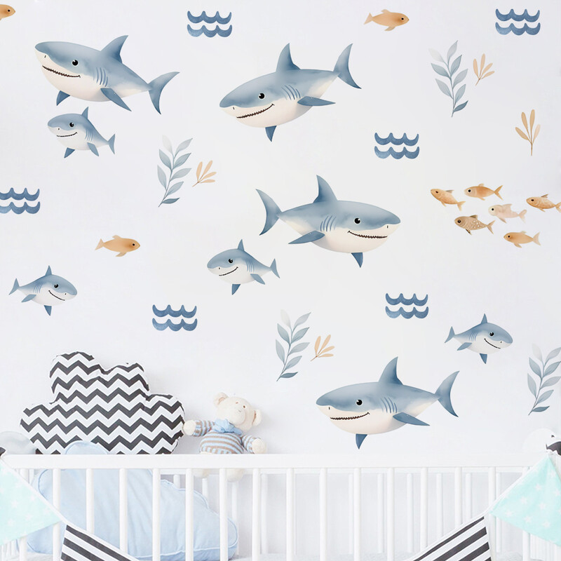 Fish Shark fali matricák Vízálló Peel&Stick falmatrica gyerekszoba fiúszoba dekorációhoz óvodai babaszoba dekorációs matrica